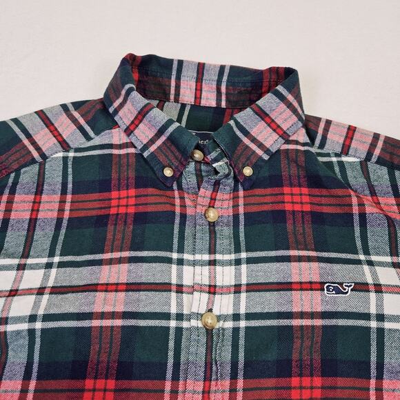 Vineyard Vines Mens Whale Plaid Flannel Shirt M Christmas Holiday Green Red Logo - Picture 5 of 16